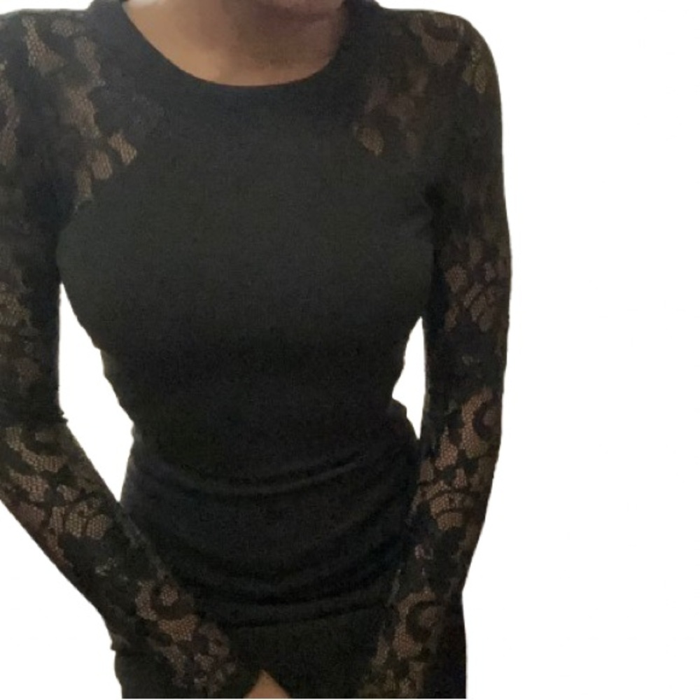 Guess Black Long Sleeve Lace Midi Dress